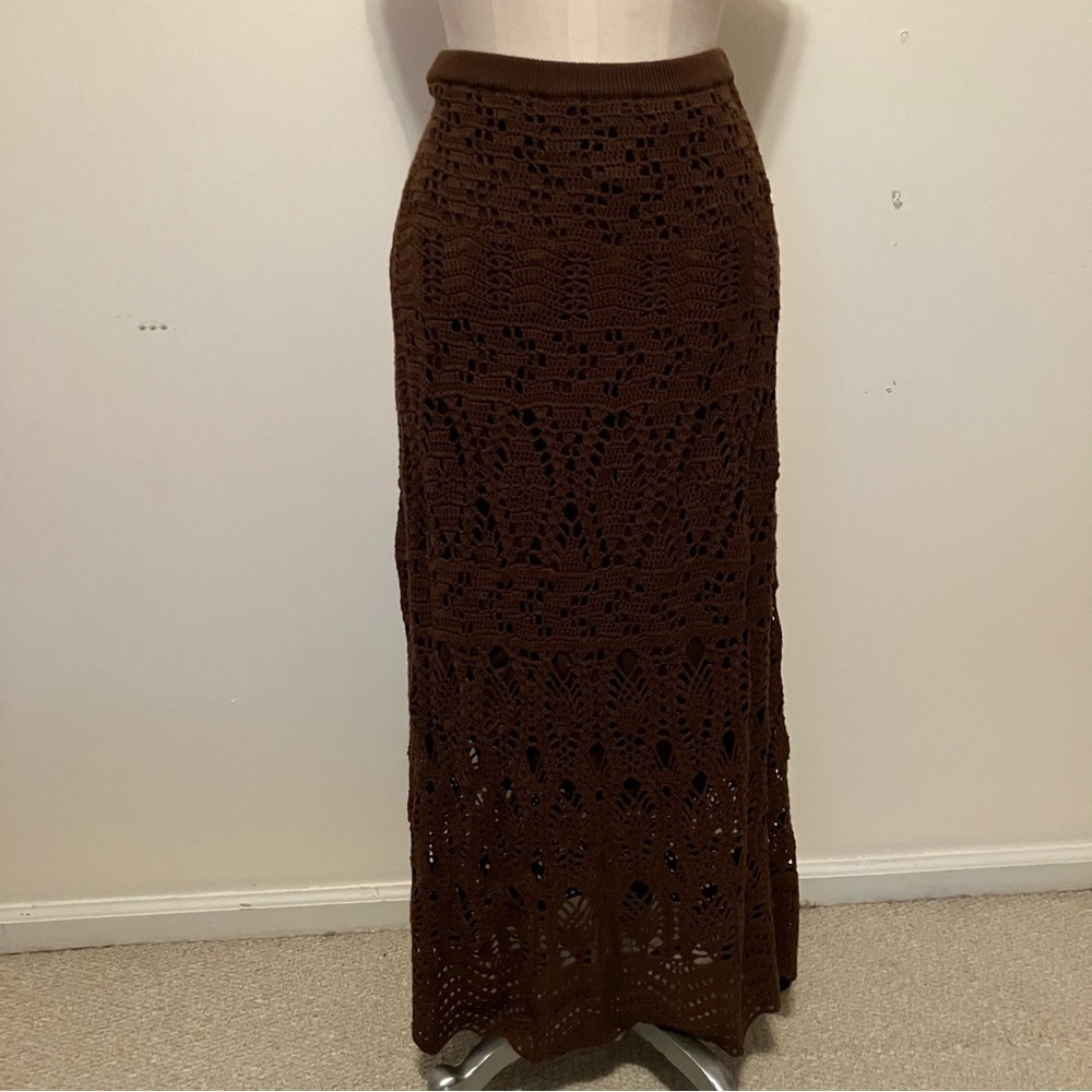 VTG Womens Brown Crochet Lined Maxi Skirt Pull-on Sz.XL Boho Festival Straight